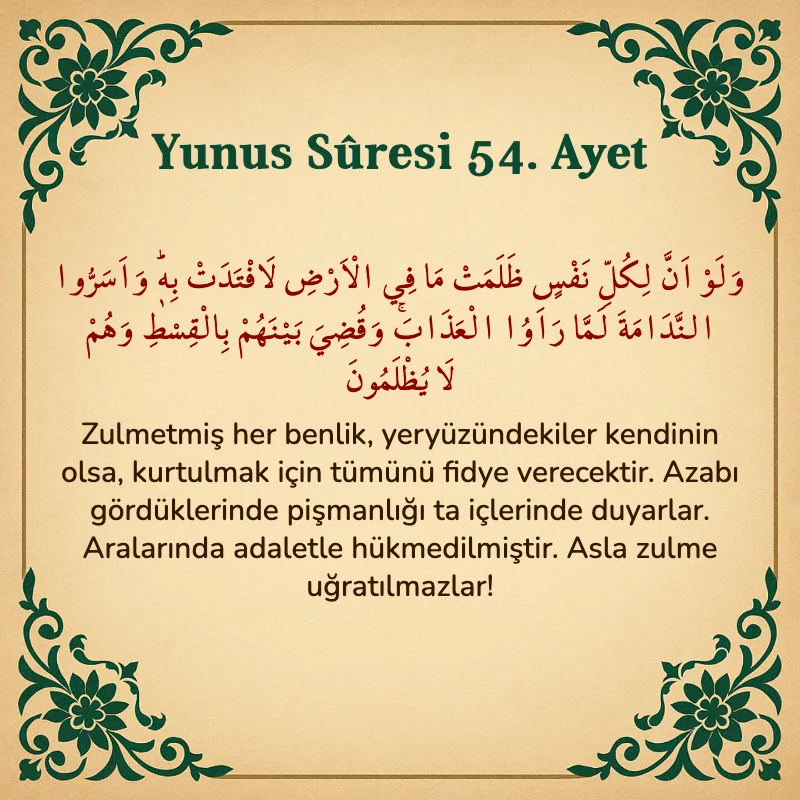 Yûnus Sûresi 54. Ayet Arapça ve Türkçe meali
