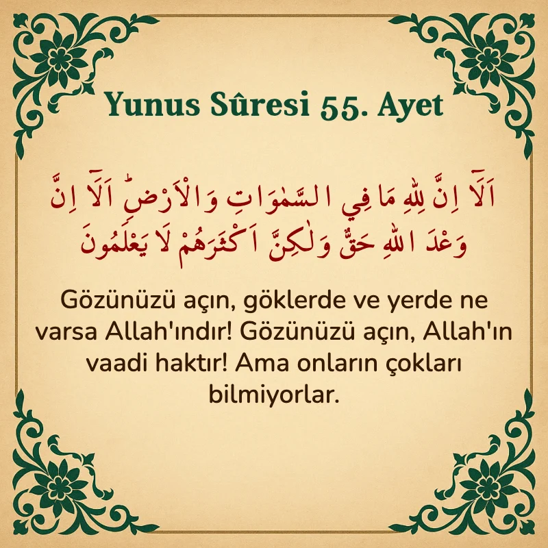 Yûnus Sûresi 55. Ayet Arapça ve Türkçe meali