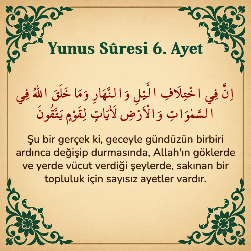 Yûnus Sûresi 6. Ayet Arapça ve Türkçe meali