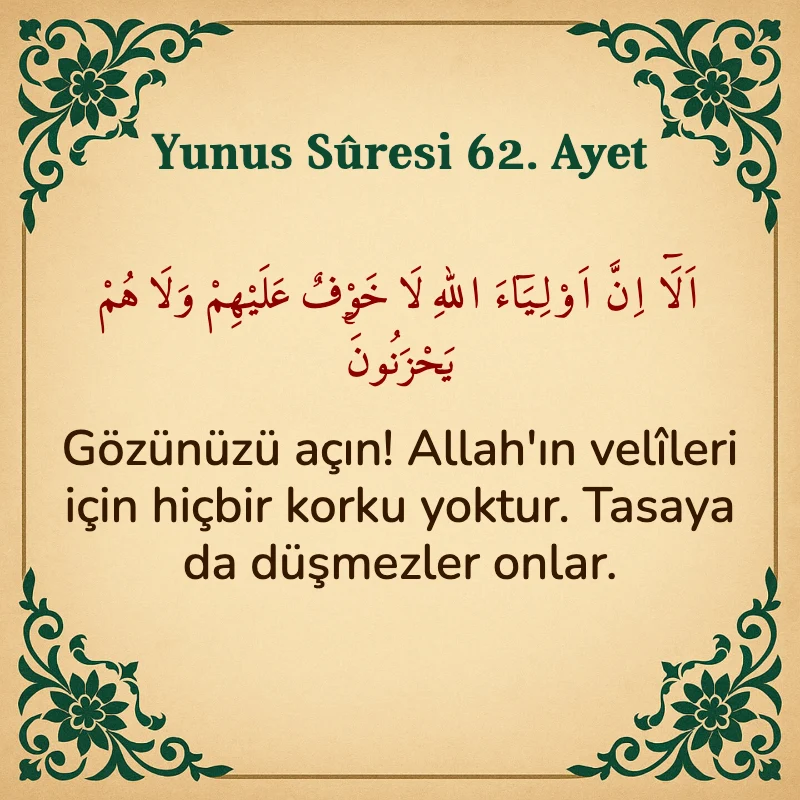 Yûnus Sûresi 62. Ayet Arapça ve Türkçe meali