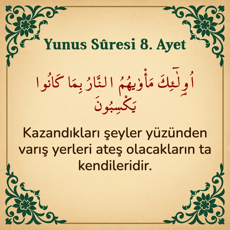 Yûnus Sûresi 8. Ayet Arapça ve Türkçe meali