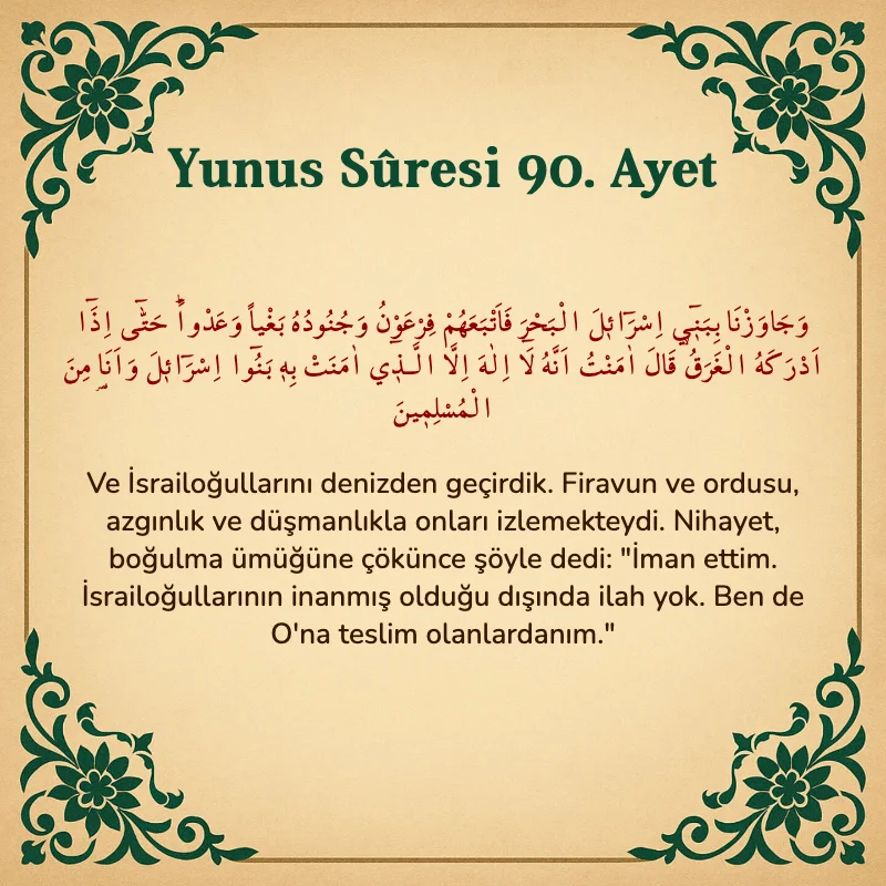 Yûnus Sûresi 90. Ayet Arapça ve Türkçe meali