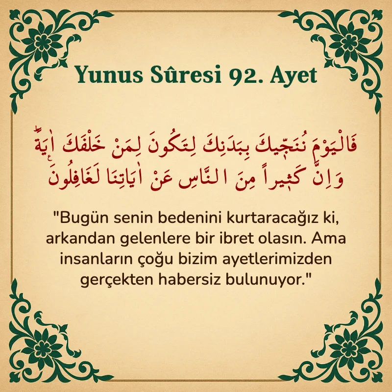 Yûnus Sûresi 92. Ayet Arapça ve Türkçe meali