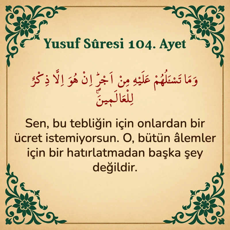 Yusuf Sûresi 104. Ayet Arapça ve Türkçe meali