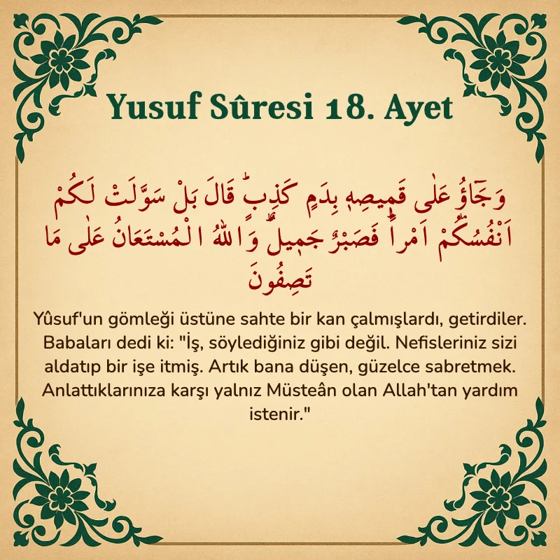 Yusuf Sûresi 18. Ayet Arapça ve Türkçe meali