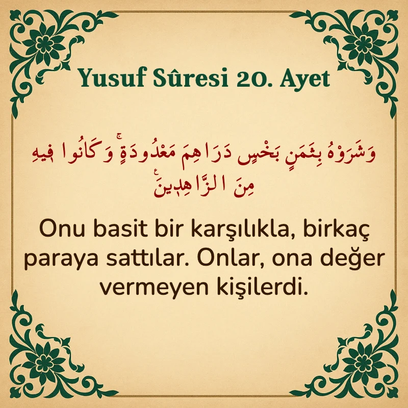 Yusuf Sûresi 20. Ayet Arapça ve Türkçe meali