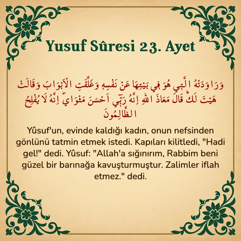 Yusuf Sûresi 23. Ayet Arapça ve Türkçe meali