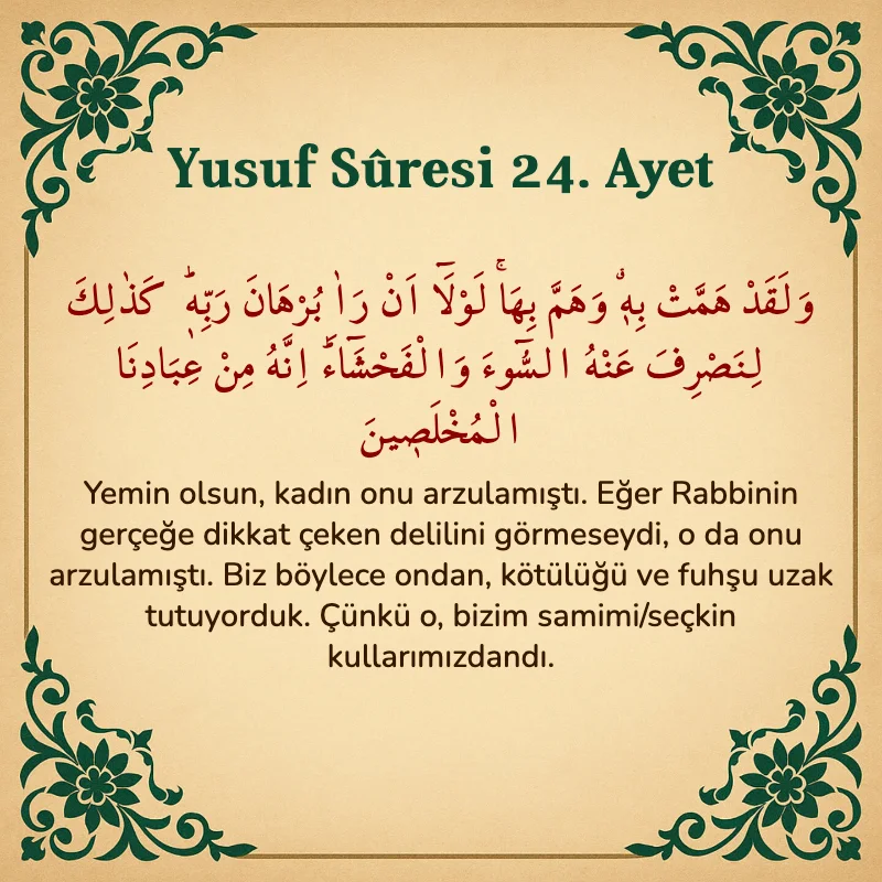 Yusuf Sûresi 24. Ayet Arapça ve Türkçe meali