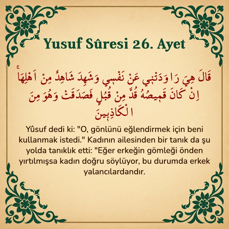 Yusuf Sûresi 26. Ayet Arapça ve Türkçe meali