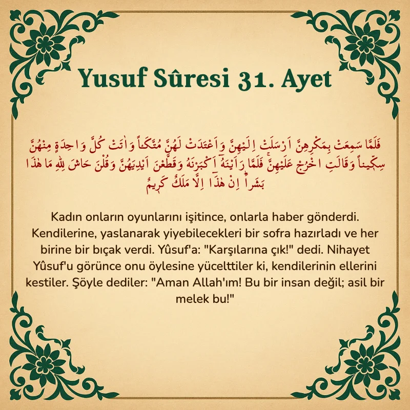 Yusuf Sûresi 31. Ayet Arapça ve Türkçe meali