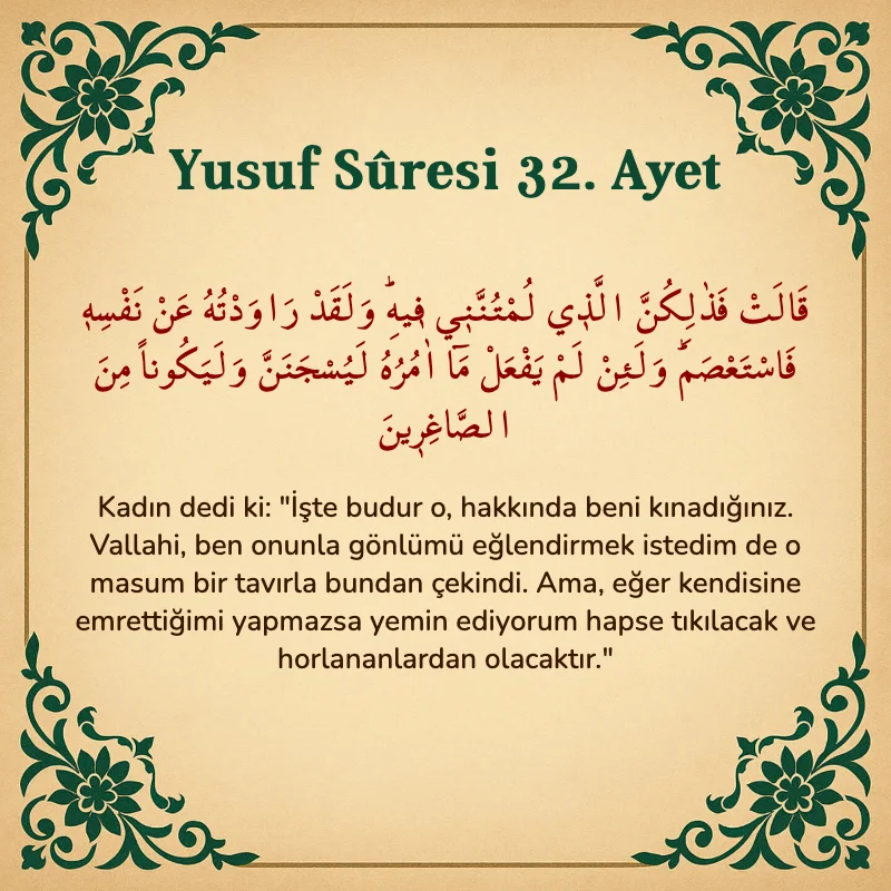 Yusuf Sûresi 32. Ayet Arapça ve Türkçe meali