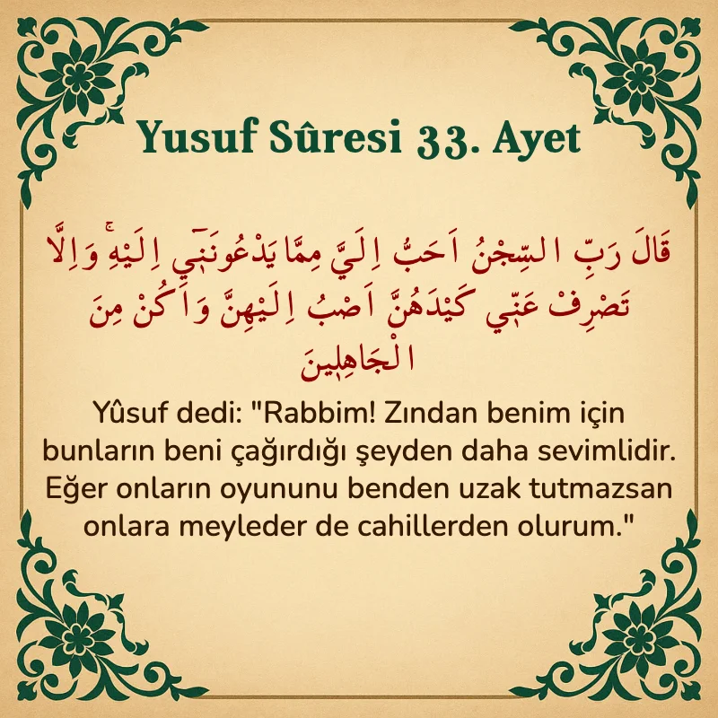 Yusuf Sûresi 33. Ayet Arapça ve Türkçe meali