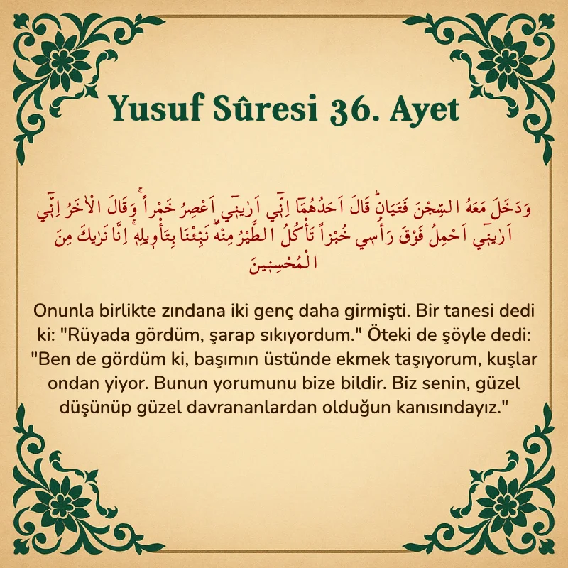 Yusuf Sûresi 36. Ayet Arapça ve Türkçe meali