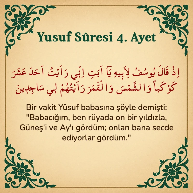 Yusuf Sûresi 4. Ayet Arapça ve Türkçe meali