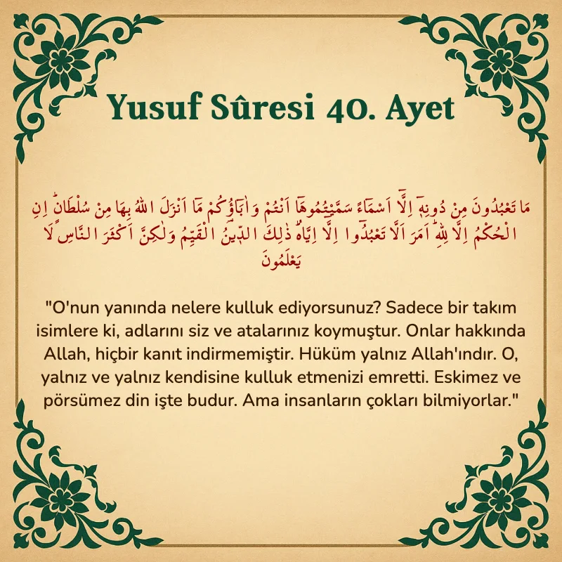 Yusuf Sûresi 40. Ayet Arapça ve Türkçe meali