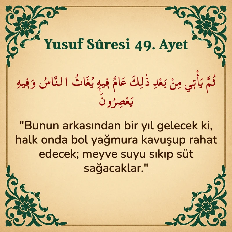 Yusuf Sûresi 49. Ayet Arapça ve Türkçe meali