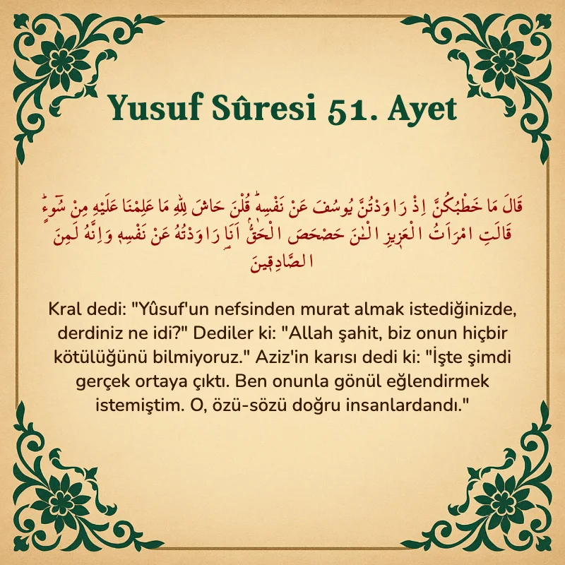 Yusuf Sûresi 51. Ayet Arapça ve Türkçe meali