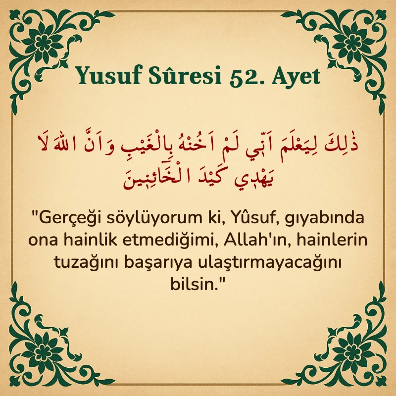 Yusuf Sûresi 52. Ayet Arapça ve Türkçe meali