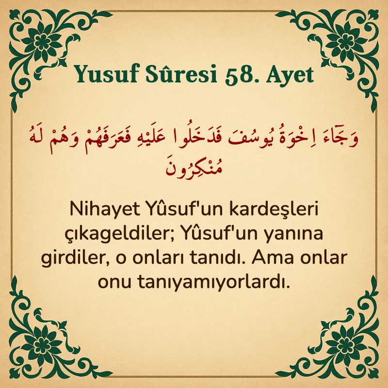 Yusuf Sûresi 58. Ayet Arapça ve Türkçe meali