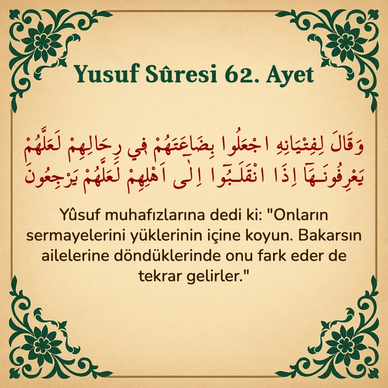 Yusuf Sûresi 62. Ayet Arapça ve Türkçe meali