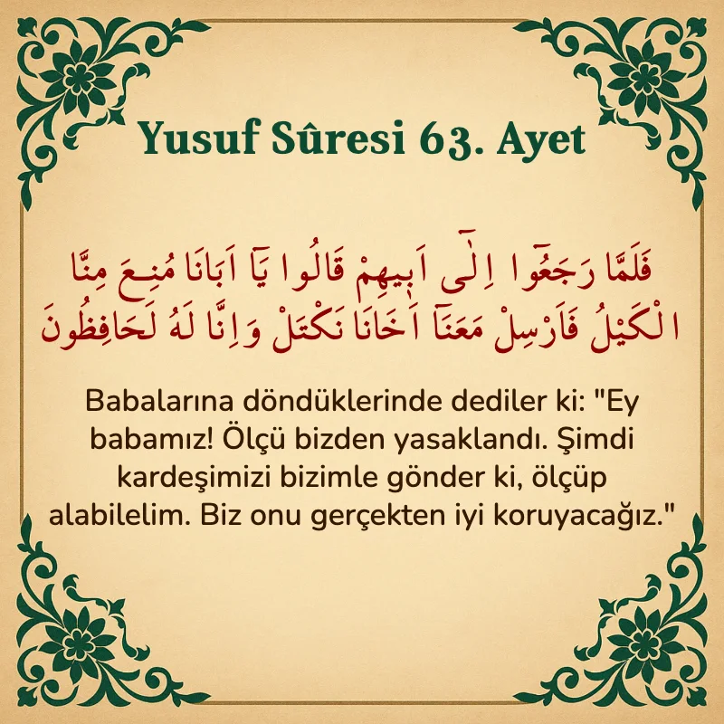 Yusuf Sûresi 63. Ayet Arapça ve Türkçe meali