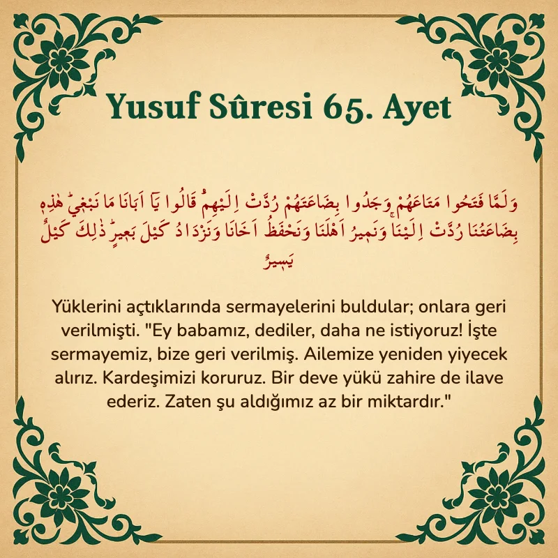 Yusuf Sûresi 65. Ayet Arapça ve Türkçe meali