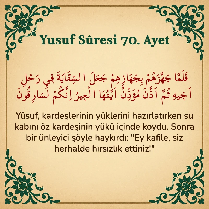 Yusuf Sûresi 70. Ayet Arapça ve Türkçe meali