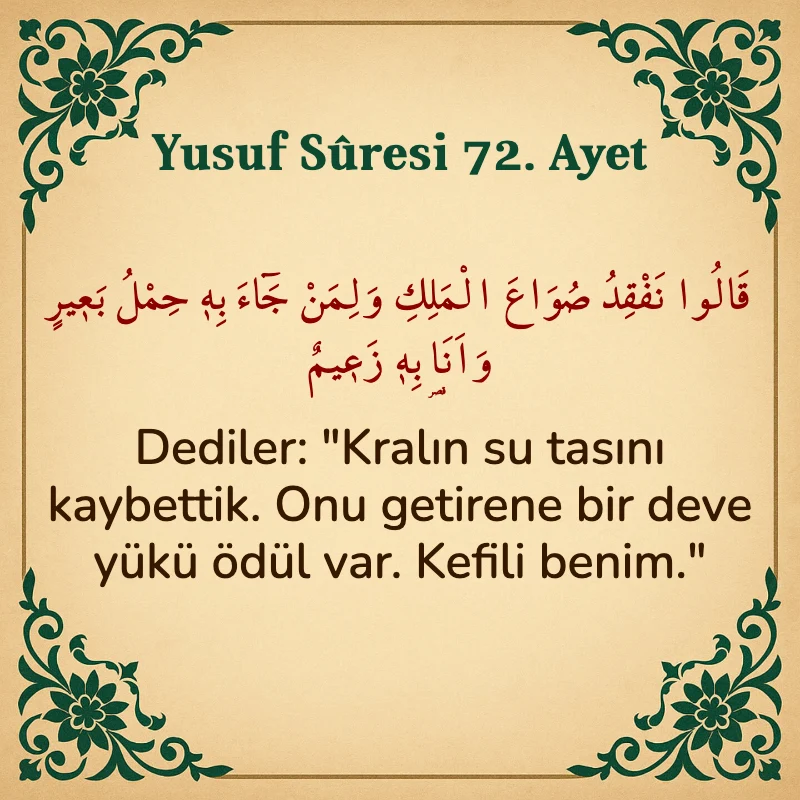 Yusuf Sûresi 72. Ayet Arapça ve Türkçe meali
