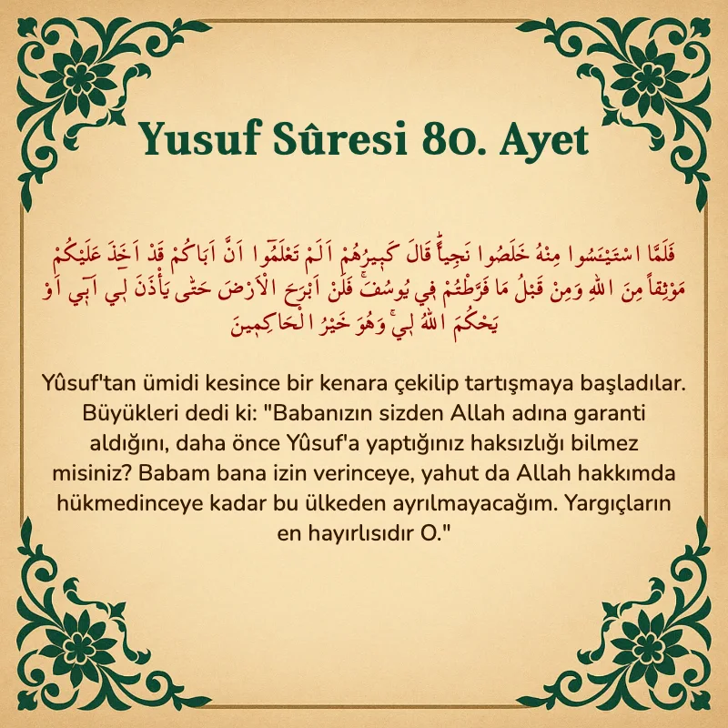 Yusuf Sûresi 80. Ayet Arapça ve Türkçe meali