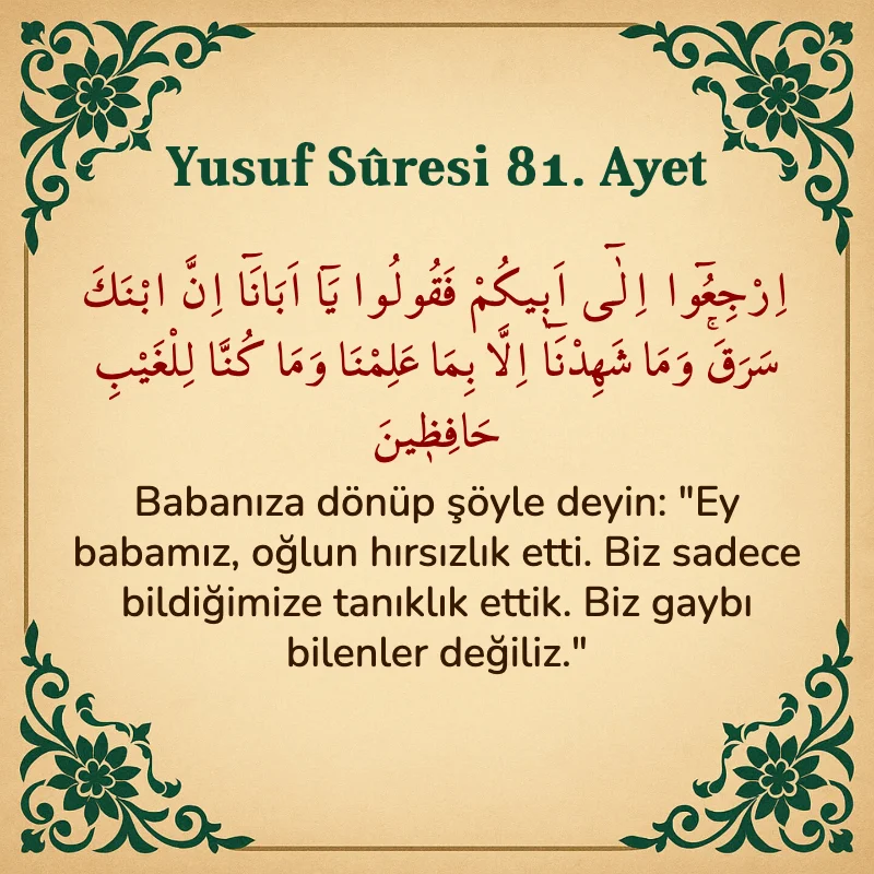Yusuf Sûresi 81. Ayet Arapça ve Türkçe meali