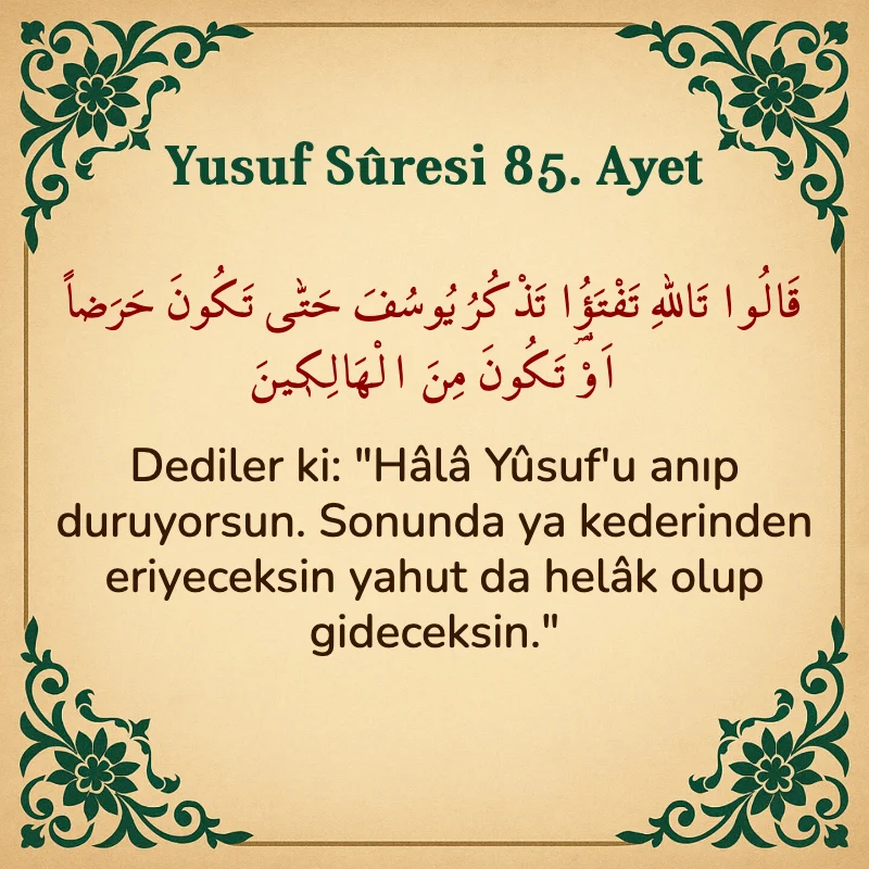 Yusuf Sûresi 85. Ayet Arapça ve Türkçe meali