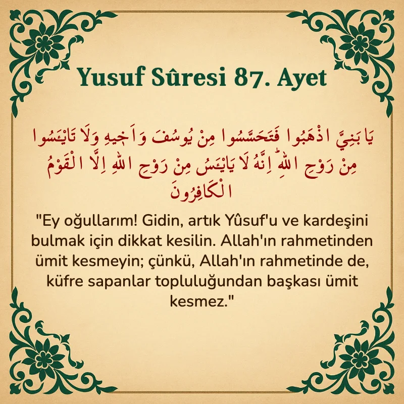 Yusuf Sûresi 87. Ayet Arapça ve Türkçe meali