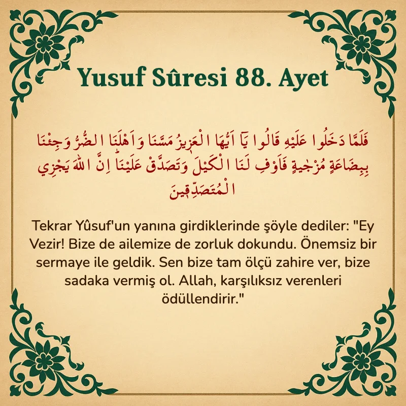 Yusuf Sûresi 88. Ayet Arapça ve Türkçe meali