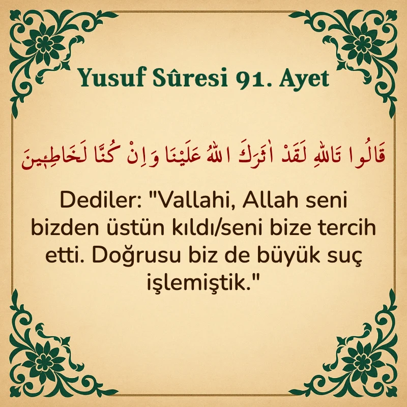 Yusuf Sûresi 91. Ayet Arapça ve Türkçe meali