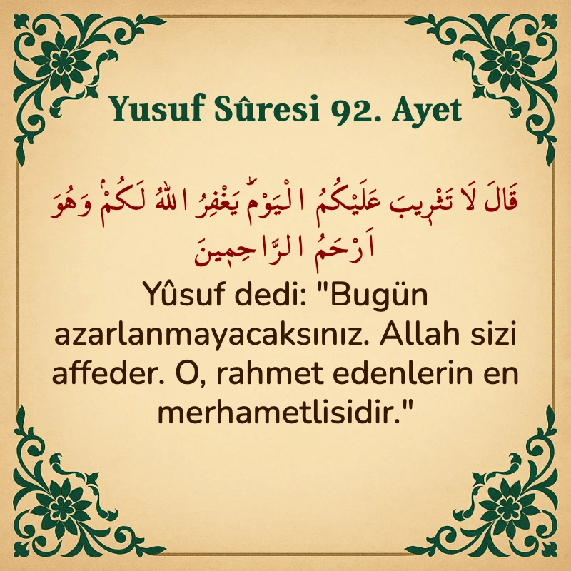 Yusuf Sûresi 92. Ayet Arapça ve Türkçe meali
