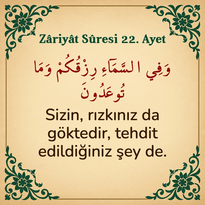 Zariyat Suresi 22. Ayet Arapça ve Türkçe meali