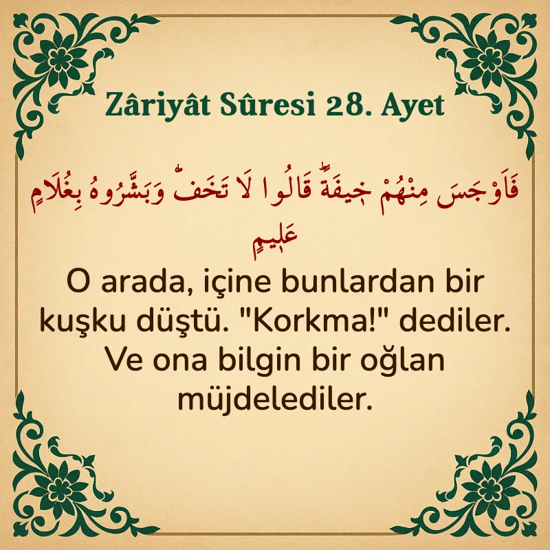 Zariyat Suresi 28. Ayet Arapça ve Türkçe meali