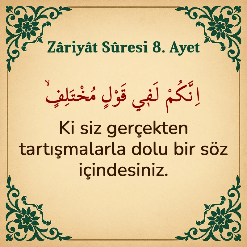 Zariyat Suresi 8. Ayet Arapça ve Türkçe meali