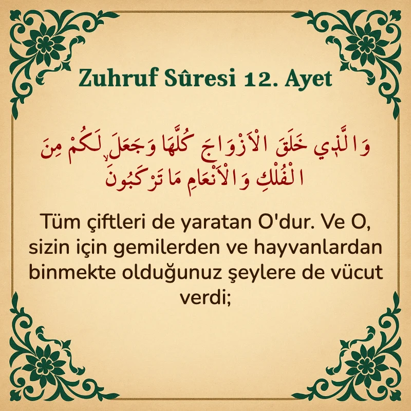 Zuhruf Suresi 12. Ayet Arapça ve Türkçe meali