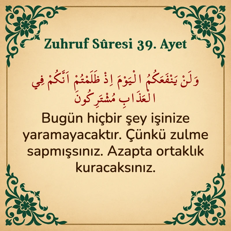 Zuhruf Suresi 39. Ayet Arapça ve Türkçe meali