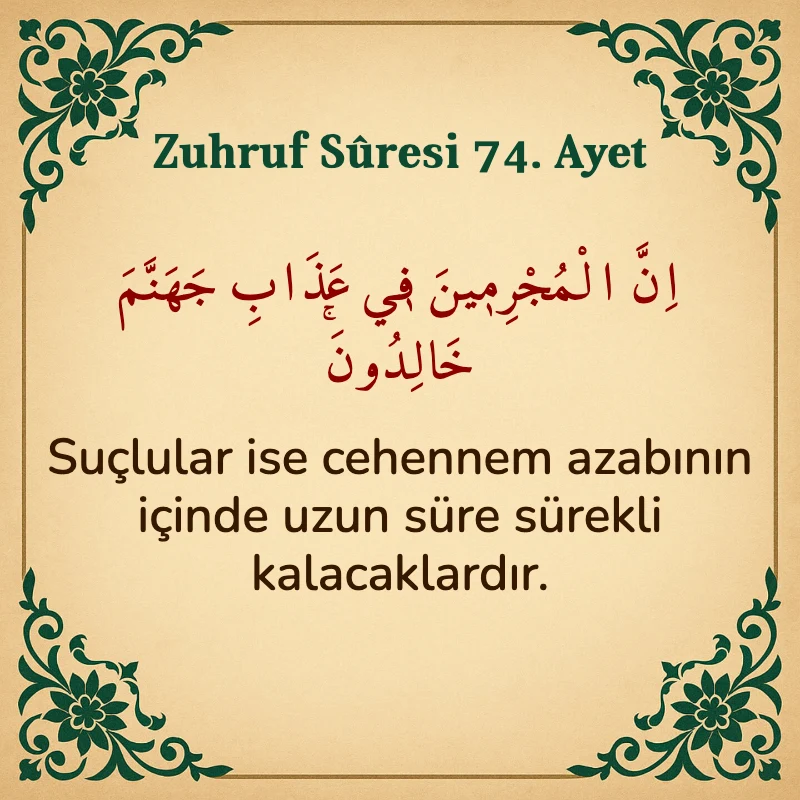 Zuhruf Suresi 74. Ayet Arapça ve Türkçe meali