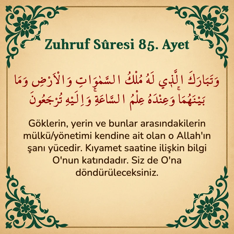 Zuhruf Suresi 85. Ayet Arapça ve Türkçe meali