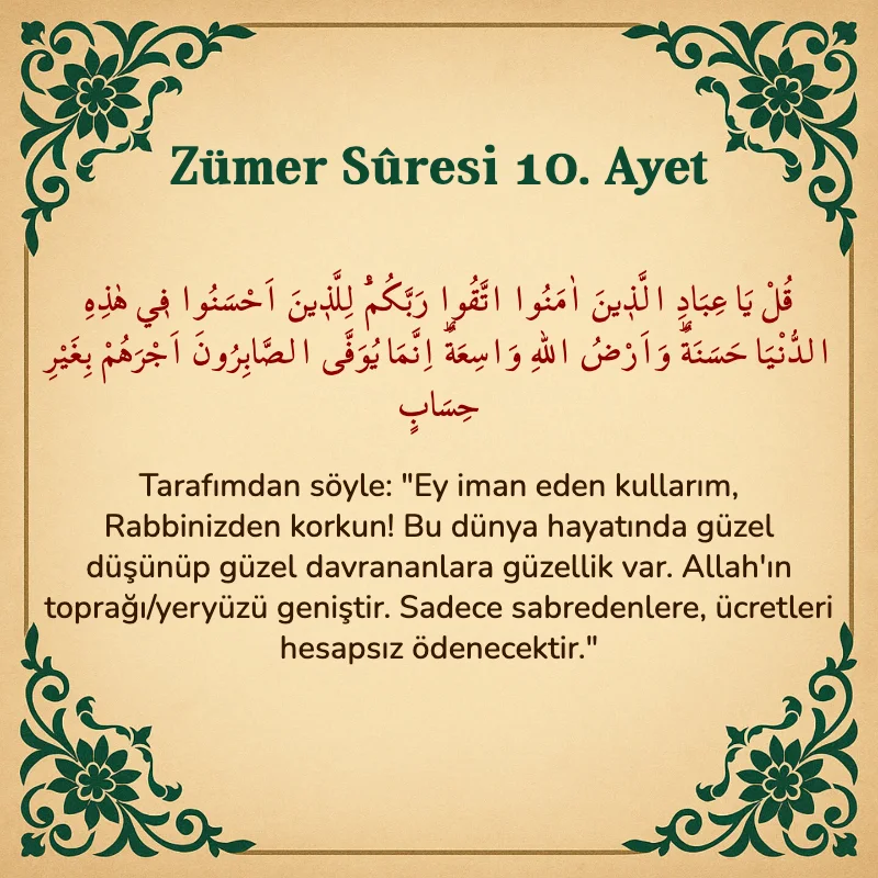 Zümer Suresi 10. Ayet Arapça ve Türkçe meali