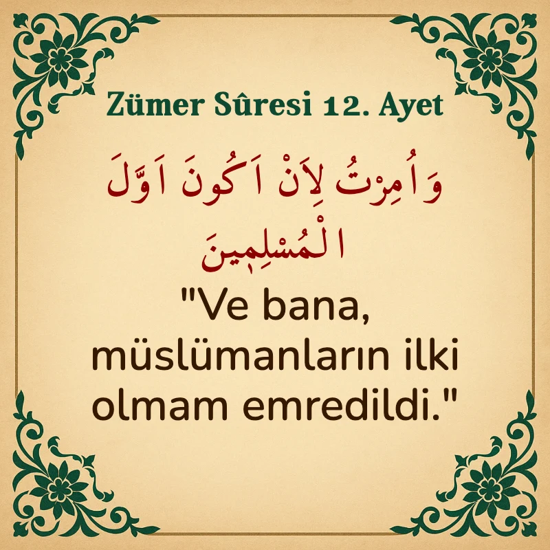 Zümer Suresi 12. Ayet Arapça ve Türkçe meali