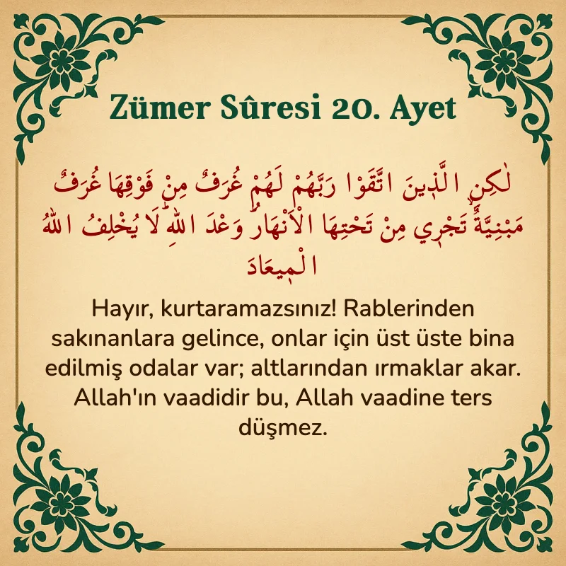 Zümer Suresi 20. Ayet Arapça ve Türkçe meali