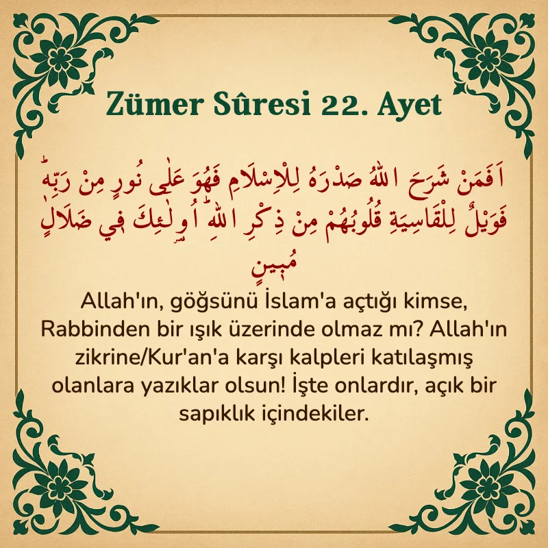 Zümer Suresi 22. Ayet Arapça ve Türkçe meali