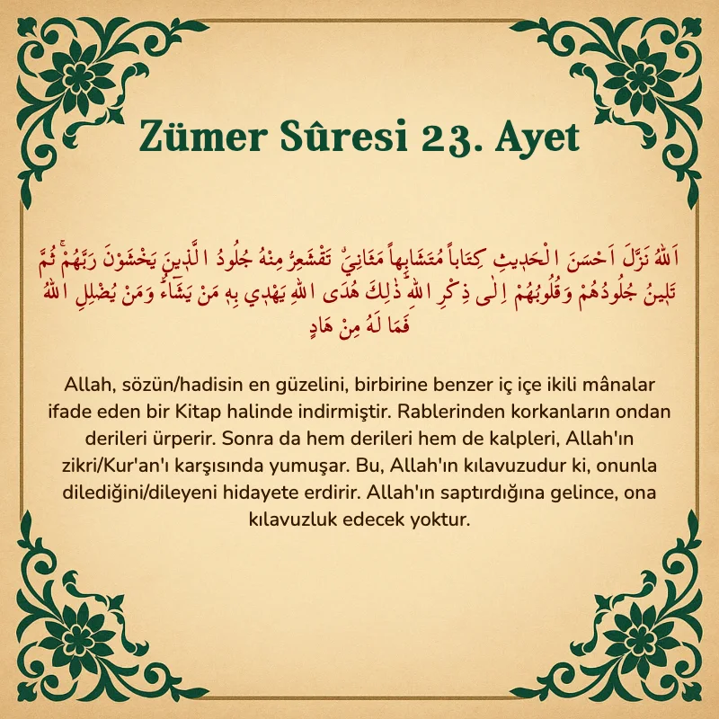 Zümer Suresi 23. Ayet Arapça ve Türkçe meali