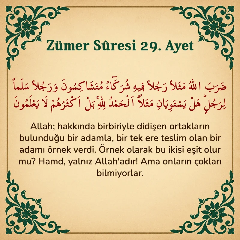 Zümer Suresi 29. Ayet Arapça ve Türkçe meali