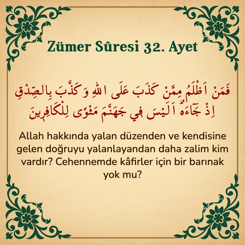 Zümer Suresi 32. Ayet Arapça ve Türkçe meali