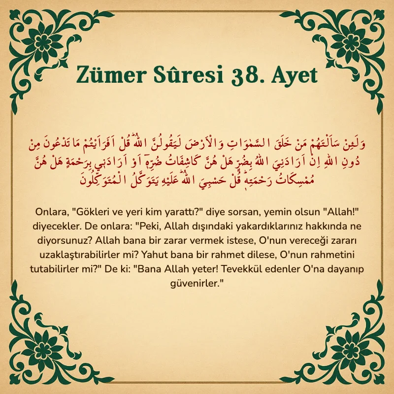 Zümer Suresi 38. Ayet Arapça ve Türkçe meali